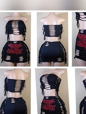 Black GNR Custom  Fringe Mini Skirt Set - Welcome to the Jungle